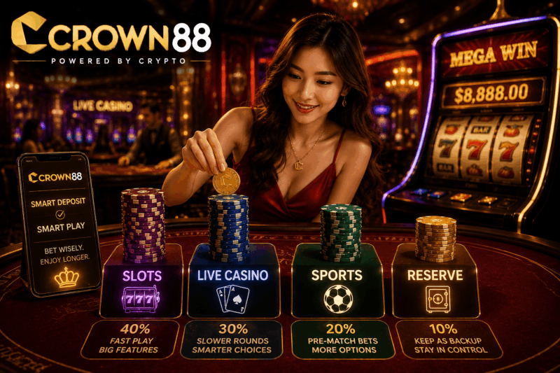 Crown88 first deposit game plan showing bankroll allocation across slots, live casino, and sports betting